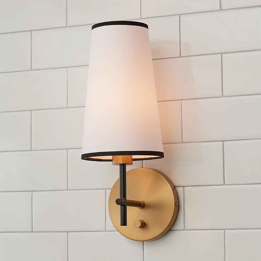 HPTHLY Rusticd Wall Sconce Lighting Fixture Vintage Brushed Brass Finish Wall Lamp With Cylindrical Fabric Shade, E12 Hardwired Antique Wall Sconces For Bath
