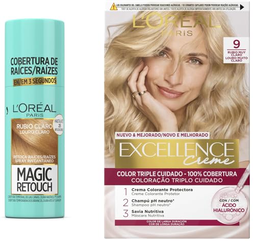 Lote de L'OREAL PARIS Magic Retouch Spray Retoca Raíces y Canas Rubio Claro + L´ORÉAL PARIS Excellence Creme Tinte Permanente - Tono 9 Rubio Muy Claro