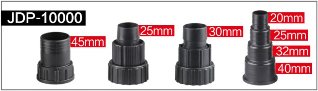 Two images showing features of the SunSun JDP-10000 pump: a removable shell for filtration and shock absorption supports on the base.