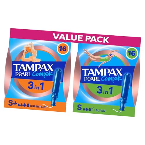Tampax Pearl Compak Super Plus and Super Tampons Bundle 32 Count (16 of Each) Compact Applicators for Comfortable, Reliable Leak Protection on Moderate to Heavy Flow