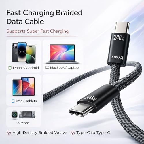 Image of 240W Type C Cable|Type C To Type C|C To C Cable Fast Charging|Supports Android & iPhones, Laptop, MacBook, Tab,Gaming Console, DJI Drones,Goggles, Printers,Hard Drives,Power Bank&More|1.2 Meter