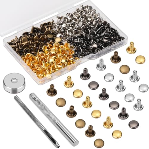 Leather Rivet Kit - Multicolor Double Cap Rivets, 6mm, 120 Sets - Includes Hollow Punch & Punch Tool for Leather Crafts, Clothes, Shoes, Jackets