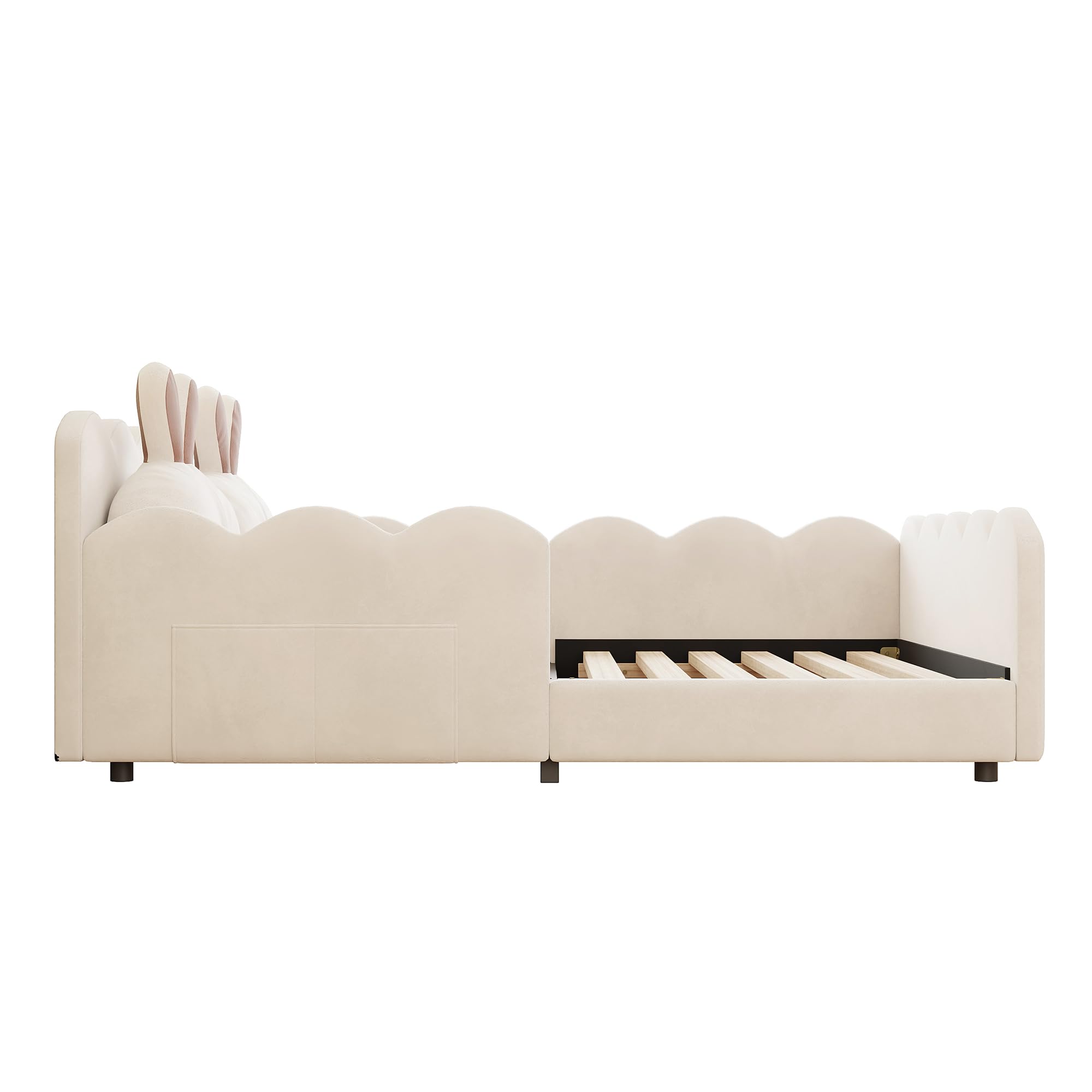 Letto imbottito 140 x 200 cm, letto con cuscino a forma di coniglio, letto per ragazzi con griglia, lettino per appartamento (senza materasso) lino beige