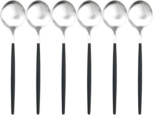Miniatura 7 de Juego de 6 cucharas doradas mate de acero inoxidable, cuchara de sopa, cuchara de postre de mango largo para ensalada de arroz y gachas de avena