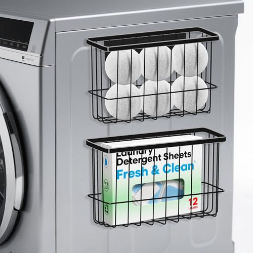 KissKoo Magnetic Metal Basket Organizer for Fridge - 2 Pack Magnetic Dryer Ball Holder Lint Bin Shelf Storage Container for Laundry Room Refrigerator Black