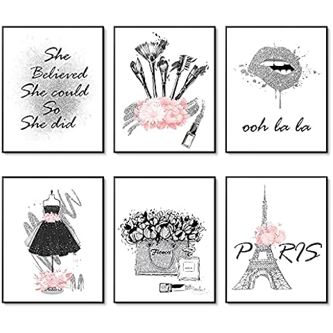 HoozGee Silver Gray Fashion Wall Art Girl Room Decor Makeup Room Artwork Prints Set of 6 Paris Perfume Flower Lipstick Canvas Art Posters Wall Decor for Bedroom (8"x10" UNFRAMED, Gray Pink) Cover
