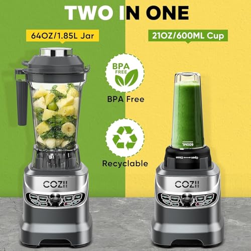 COZII Professional Blender 2000W, Smoothie Countertop Blenders for Kitchen, 64 Oz Pitcher/21-Oz To-go Cup, 7 Preset Programs for Ice Crush/Frozen Drinks/Dips/Nut Butter, High Speed, Dishwasher Safe image 3