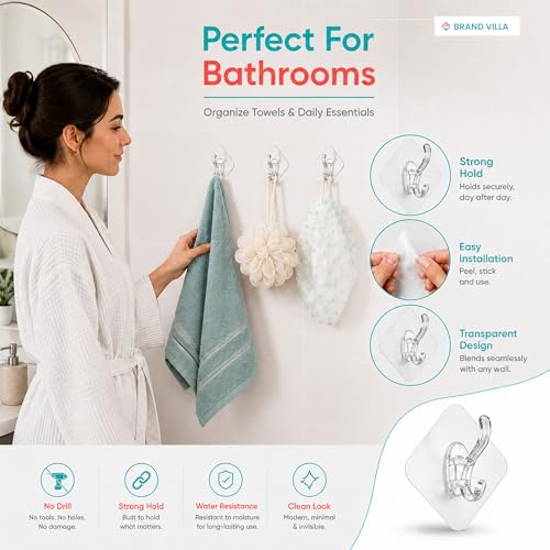 Image of BRAND VILLA Self Adhesive Wall Hooks Pack of 20 | Heavy Duty Transparent Waterproof No Drill Sticky Hooks for Bathroom Kitchen Home | Utility Hooks for Towels Keys Clothes Bags Robes