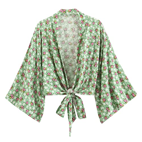 Bqxxdeo EN8 Floral Print Summer Cover Ups Rayon Cotton Bow Tie Ceintures Bohemian Beach Wear Wrap Kimono Cardigan Tops Light EN8 M Cover