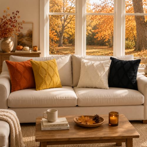 decorUhome Fall Throw Pillow Covers 18x18 Inch Set of 2, Soft Plush Faux Fur Wool Rust Couch Pillow Covers, Decorative Neutral Pillow Cases for Bed Sofa Living Room Home Decor - image 2