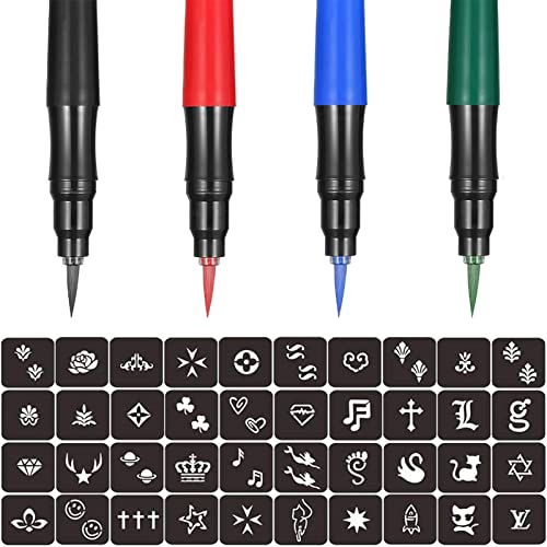 Tattoo Pens with 4 Colors Tattoo Markers and 40 Patterns Adhensive Stencils, Temporary Tattoo Kit for Body Markers Similar to Tattoo Kit for Kids/Adult Skin, Classical Black/Red/Blue/Green as DIY Fake Tattoos and Gift