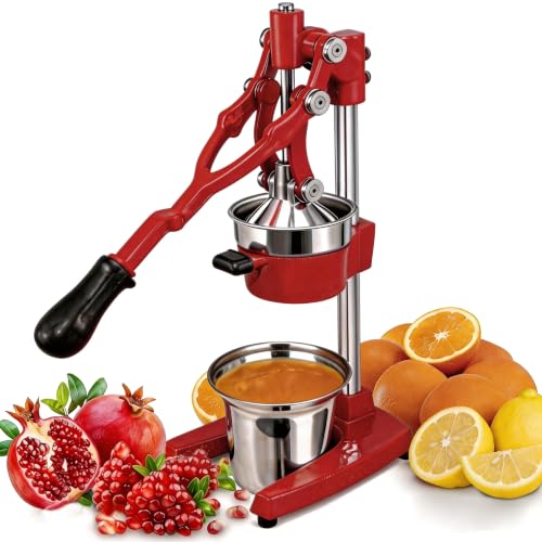 Gowintech 19 Inch Height Extra Tall Commercial Heavy Duty Cast Iron Hand Press Manual Orange Citrus Lemon Lime Grapefruit Pomegranate Fruit Juice Squeezer Machine with Stainless Steel Cup Red