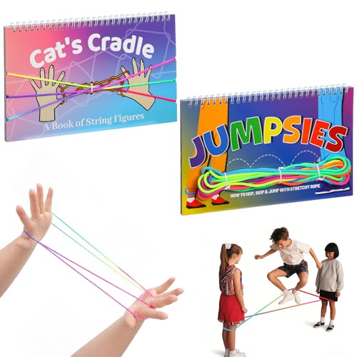 PullCrease 4 Pcs Cats Cradle String and Chinese Jump Rope Set 1.65 M Finger String and 5 M Elastic Jump Rope with 2 Game Instructions Fitness Educational Toys for Outdoor Indoor Play Exercise