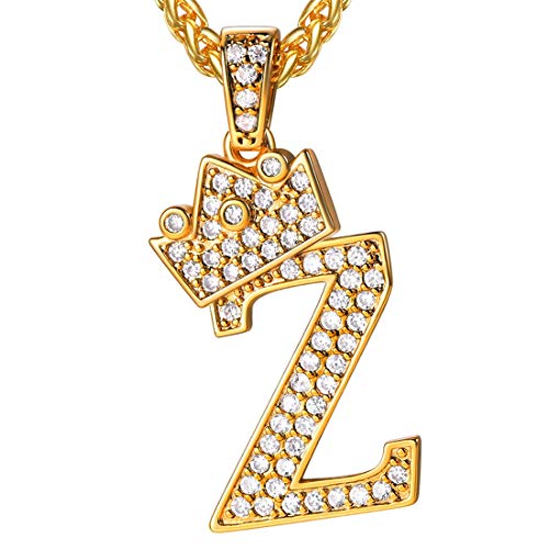 U7 Bling Alphabet Name Jewelry Men CZ Crowned Initial Necklace King Crown Women 18K Gold Plated CZ Letter Pendant 3mm 22' Rope Chain Necklaces with Z
