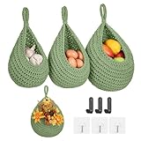 Boho Wall Hanging Fruit Baskets for Kitchen 3 Pack Woven Produce Holder with 6 Pcs Strong Hooks Vegetable Hanging Basket for Organizing Teardrop Home Wall Potato Onion Storage, Green