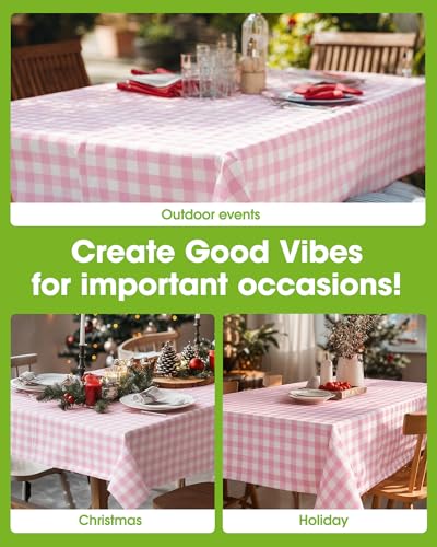 Image of Pureegg Plastic Table Cloth Disposable 8 Pack, 54 x 108 Inch Table Cloths, Party, Picnic, Decorative Gingham Tablecloths, Rectangle, Pink and White Checkered Cover, Leakproof & Sturdy, Pink Plaid