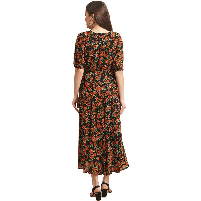 Preneum Women's Georgette A-Line Standard Length Dress (Maxi-A-33_Orange