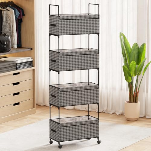 Image of Lukzer 4-Tier Clothes Organizer Basket with Wheels | Black & White Fabric with Metal Rolling Storage Shelf for Folded Clothes & Towels | Multipurpose Rack for Bedroom Closet & Laundry Room