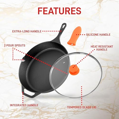 NutriChef Cast Iron Skillet Pan w/ Lid, Pre Seasoned Cast Iron Pan, Cast Iron Frying Pans Nonstick, Oven Safe Cookware w/ Silicone Handle, Drip Spout, Indoor/Outdoor Use, For Induction & All Cooktops - Image 4
