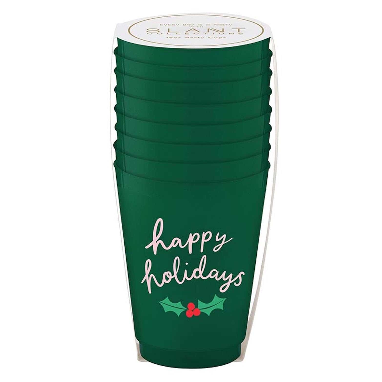 Slant 8-Count Christmas Party Plastic Frost Cups, 16-Ounce, Happy Holidays