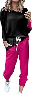 2025 - Chándal para mujer, 2 piezas, pantalones largos, cuello redondo, camiseta de manga larga, cordón, pantalones de chándal, bolsillo, traje casual pijama manga larga mujer