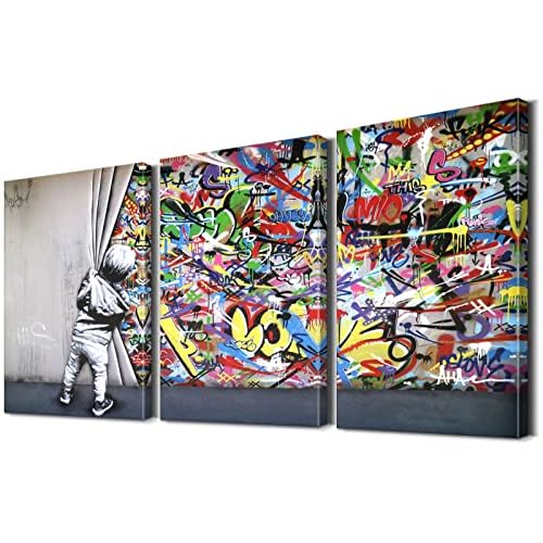 3 Piece Banksy Wall Art Graffiti Canvas Wall Art Behind the Curtain Colorful Wall Decor Pop Art Wall Decor Graffiti Poster Graffiti Decor Street Art Colorful Posters for Room Decor (12”Wx16”Hx3PCS)
