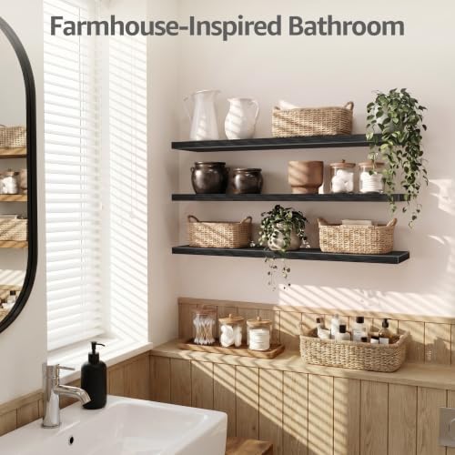 Image of QEEIG 12 inch Deep Floating Shelves for Wall - 12 x 48 inch Book Shelf Bathroom Bedroom Kitchen Living Room Hanging Bookshelf Farmhouse Set of 3, Black (026-120B3)