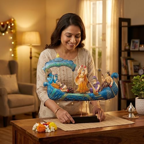 Image of KRAFTSKALA Radha Krishna Nauka Vihar Showpiece for Home Decor Wall Hanging & Tabletop | Metal Peacock Boat Raas Leela Statue with Wooden Base | Large Spiritual Decorative Idol
