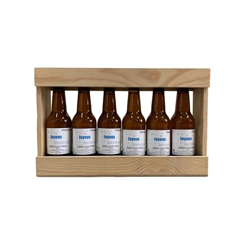 Coffret biere BRASSERIE GASCONHA + Caisse bois - Coffret degustation biere avec etiquette bouteille personnalisable pour prénom, logo, message… [ Coffret de biere a offrir ] (Blonde, 6x33 CL)
