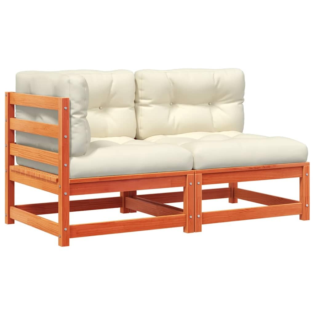 Canapé de jardin pin massif marron ciré haut de gamme avec coussins d'assise confortables