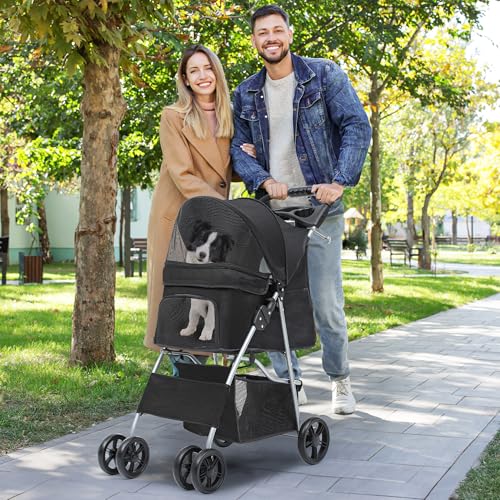 YITAHOME Haustierbuggy für mittelgroße Hunde, 4-Rad-Hundebuggy mit Aufbewahrungskorb, faltbarer Haustier-Reisewagen mit Getränkehalter und Aufbewahrungskorb (Schwarz)