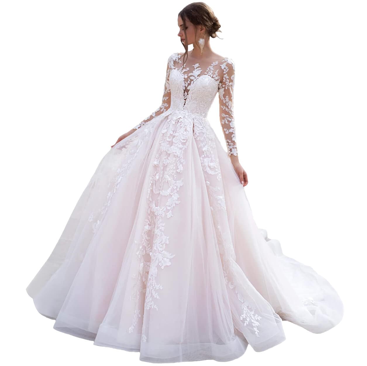 Spitzenapplikationen Brautkleider A-Linie Standesamt Lange Ärmel Brautkleid Hochzeitskleid Für Die Braut Mit Zug
