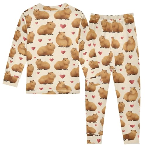 ALAZA Brown Capybara Love Heart 2 Piece Pajama Set Long Sleeve Top and Pants Sleepwear Unisex2