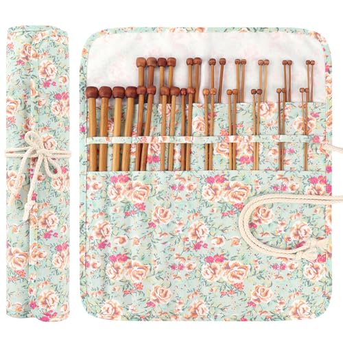 Image of Aeelike 18 Pairs Bamboo Knitting Needles Set - 14 Inches Wooden Knitting Needles Single Point with Flower Roll Bag - Portable Knittings Needle Set for Beginners (2mm - 10mm)