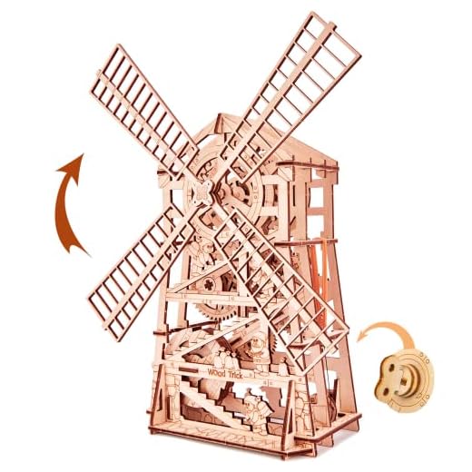 Wood Trick Mechanical Windmill Toy with Clockwork Mechanism - Wooden Windmill Kit to Build - 3D Wooden Puzzle - STEM Toys for Boys and Girls