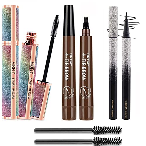 3 styles Silk Fiber Mascara Voluminous Eyelashes,Natural Waterproof Smudge-Proof, With Eyebrow pencil,All Daylong-lasting (Dark Brown/Black)