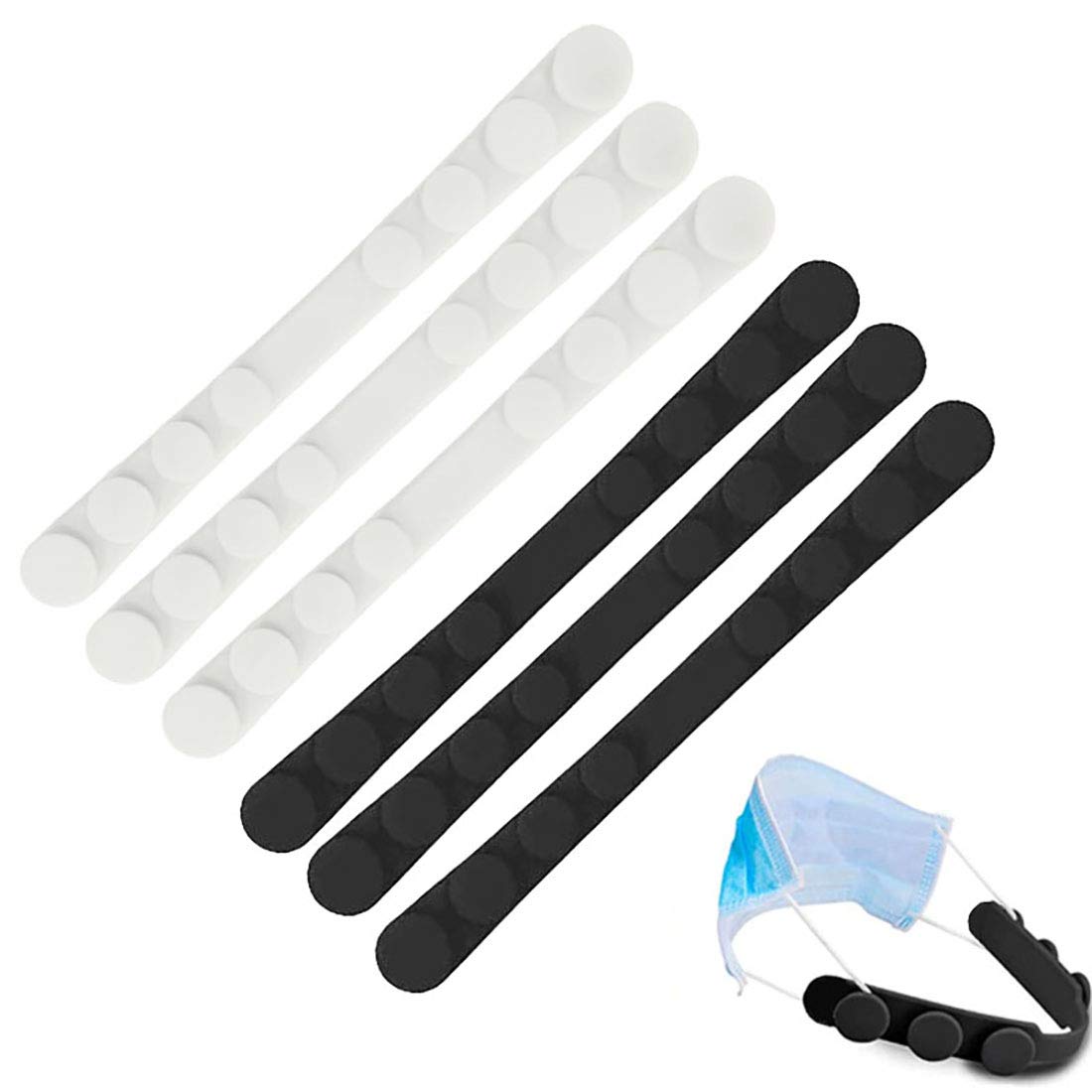 Extenders Ear Savers, [6PCS] SlickMart Anti-Slip Silicone Extension Hook, 8 Gear Adjustable Strap Extension Holder for Ear Pain Relieved Tight Ear Straps(Black/White)