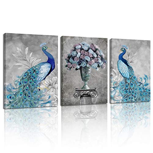 Animal Deep Blue Peacock Canvas Wall Art Mural - HD Print Modern Home Decorative Oil Painting â€“Wood Inner Frame Ready Hanging on Living Room Bedroom 12X16inX3pcs