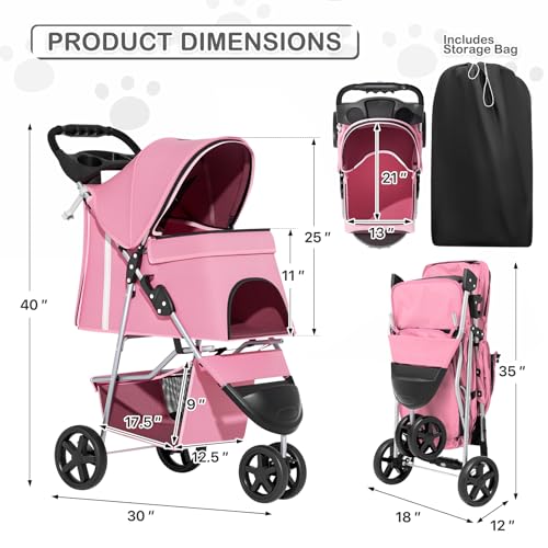 Image of MoNiBloom 3-Wheels Foldable Pet Stroller with Waterproof Cover, Pet Strolling Cart for Small /Medium Dogs and Cats with Storage Basket and Cup Holder, Breathable and Visible Mesh for All-Season, Pink