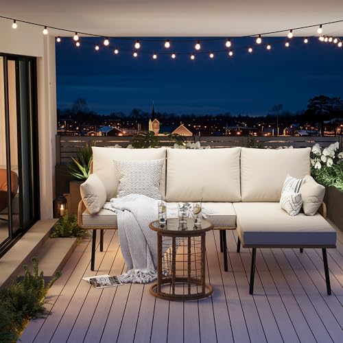 IDEALHOUSE 3 Pieces L-Shaped Conversation Sofa Set, PE Rattan Wicker