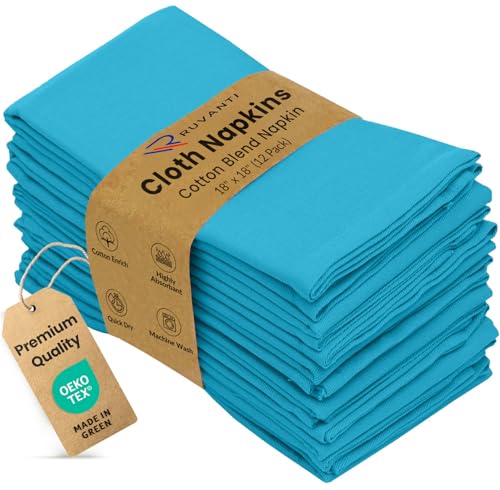 Image of Ruvanti Cloth Napkins set of 12, 18x18 Inches Napkins Cloth Washable, Soft, Durable, Absorbent, Cotton Blend. Table Dinner Napkins Cloth for Hotel, Lunch, Restaurant, Wedding Event, Parties - Sky Blue