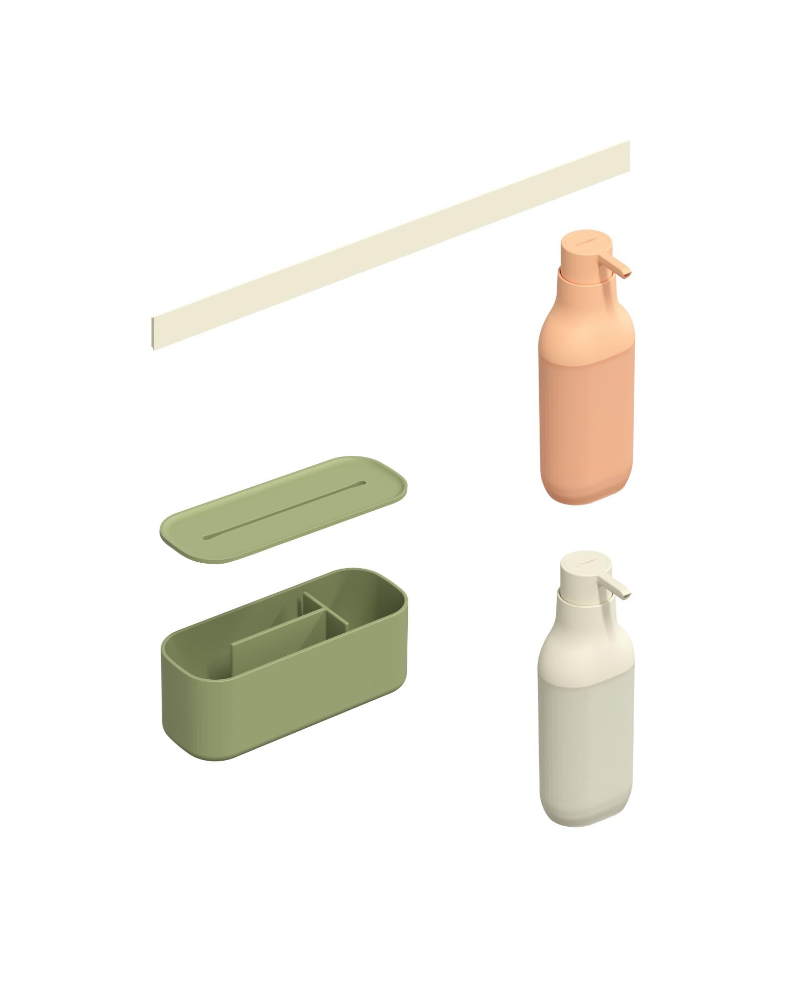 COSMIC Set Modular para Ducha ALIFE. Pack de Accesorios que Contiene 1 Guía de Pared de 40 CM de Color Blanco Pearl 1 Caja Organizadora y 2 Dosificadores de Jabón de 300 Ml