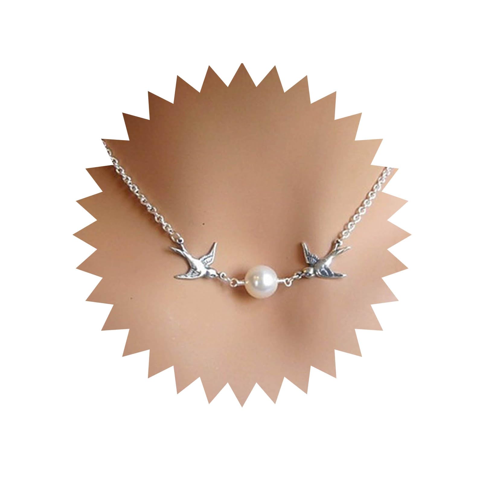 AllereyaPeace Dove & Vintage Silver Flying Bird Choker Necklace With Pearl Pendant - Gift for Women & Girls