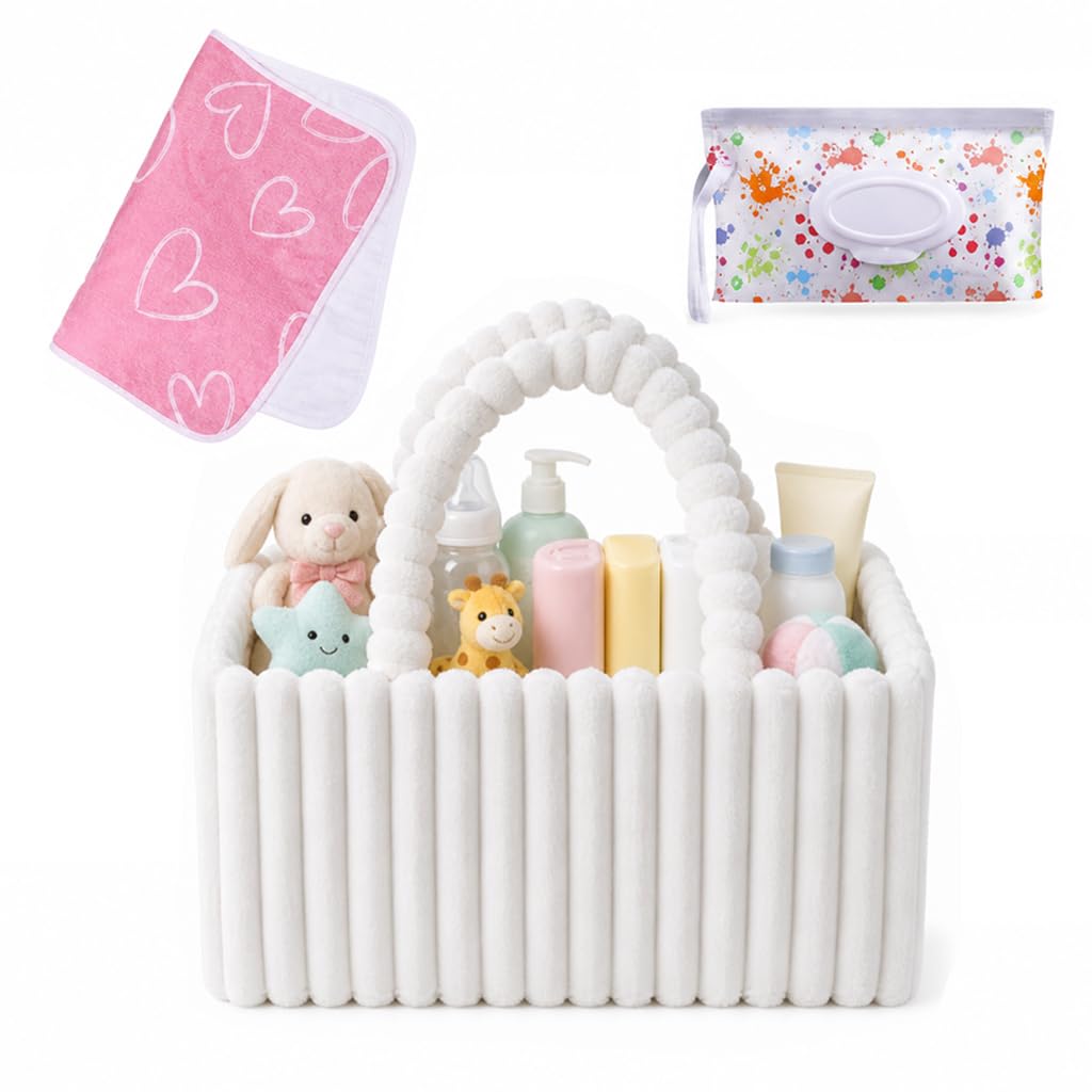 NOLTUQER Baby Nappy Caddy Organizer with Changing Pad & Wipes Case, Flannel Diaper Storage Basket for Newborn Essentials, Baby Shower Gifts for Girl or Boy (White)