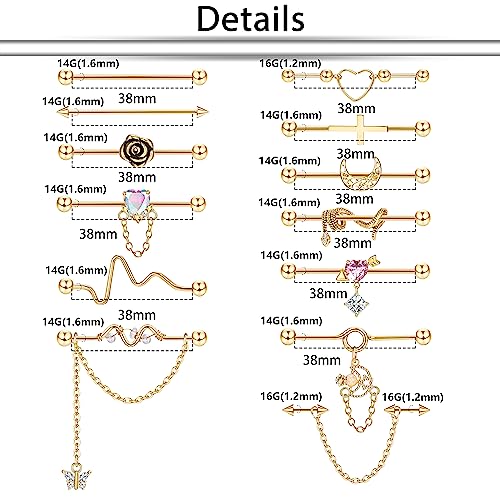 ORAZIO 13PCS Industrial Piercing Jewelry Surgical Steel 14G Industrial Earrings Barbell with Chain Snake Moon Cartilage Helix Piercing Earrings Industrial Bar Jewelry for Women Men3