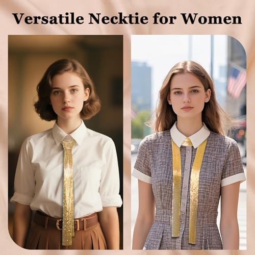 Metal Sequin Ties for Women Long Skinny Scarves, Sparkly Glitter Scarf Necktie Belt for Party Prom Wedding Daily2