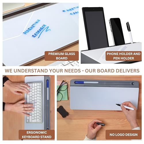 Image of GAROOD Desktop Dry Erase Board with Storage (Grey Base) Desk Desk Board Glass Desktop White Board with Stand Home Office Organizer Phone Holder 15.8X7X2 inches