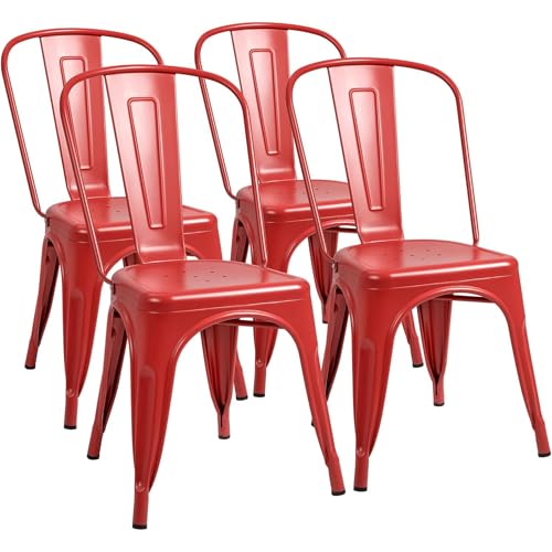 Image of Furmax Metal Dining Chair Indoor Outdoor Use Stackable Classic Trattoria Chair Chic Dining Bistro Cafe Side Metal Chairs Set of 4 (Cerise)
