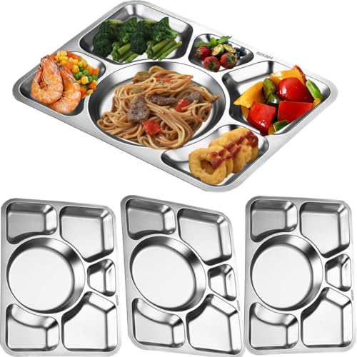 AIYoo 4 Pack Stainless Steel Rectangular Divided Dinner Plates, 6 Sections Large Metal Plate Tray for Adults, Picky Eaters, Campers, and Portion Control