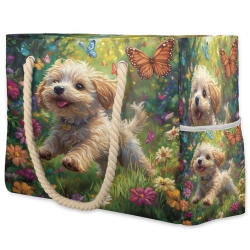 Cute Dog Large Tote Beach Bags for Women with Zipper Puppy Waterproof Sandproof Gym Swim Pool Grocery Travel Bag